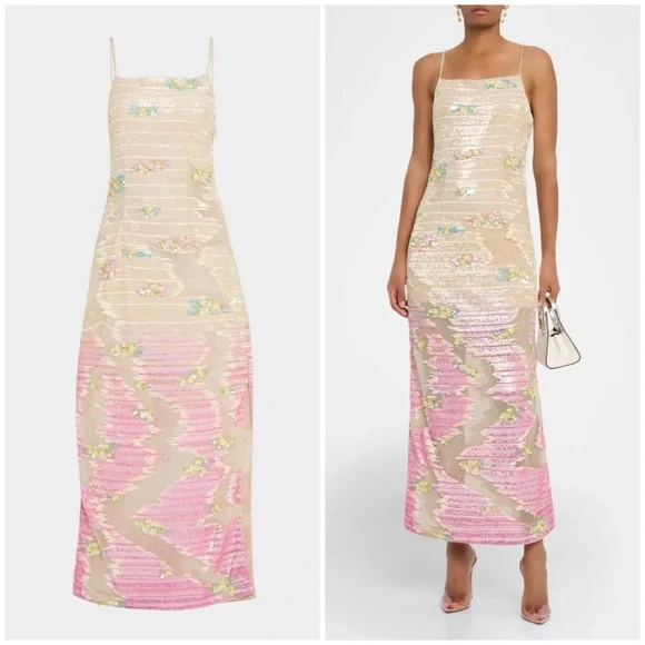 NWT La Fuori Whispering Blooms Ombre Embellished Sequin Tulle Gown Maxi Dress S - Picture 3 of 17